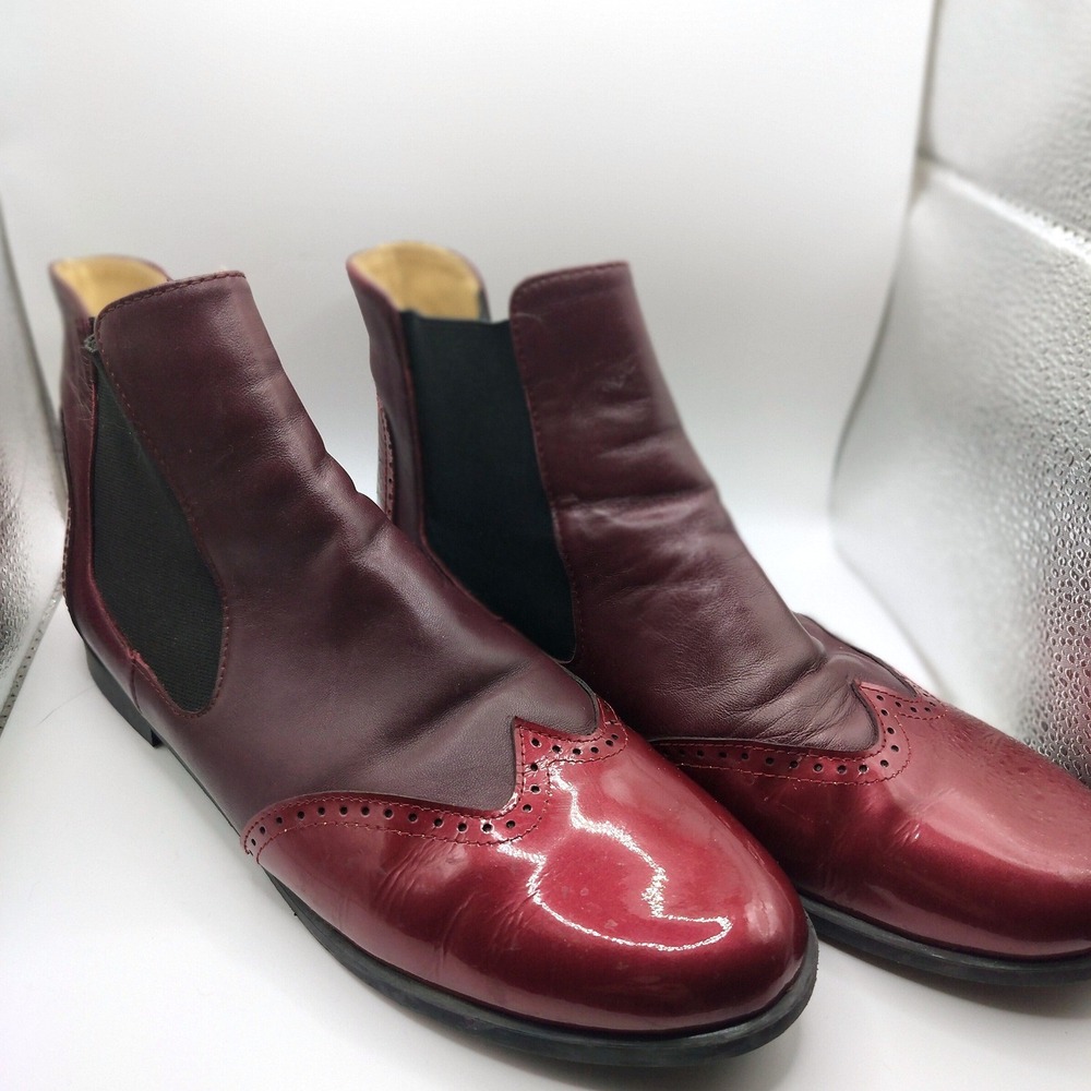 Ruth Leather Wingtip Brogue Chelsea Ankle‎ Boots Womens 39 Burgundy Patent Matte